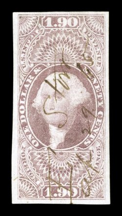 R80a, $1.90 Foreign Exchange, imperforate, four large margins, fairly strong color and impression, 1865 ms. cancel, light diagonal crease, very fine
appearance.