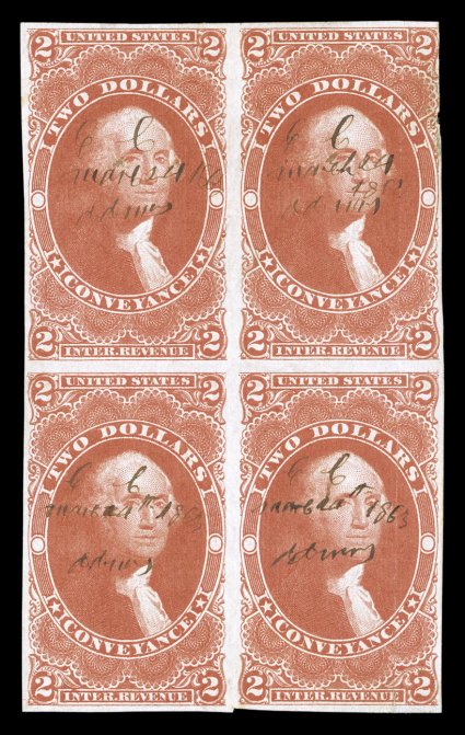 R81a, $2.00 Conveyance, imperforate, scarce block of four, deep intense color and impression, mostly full margins, 1863 ms. cancels, a few small faults (mostly creasing), very
fine appearance.