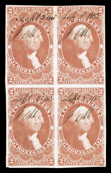 R82a, $2.00 Mortgage, imperforate, sound block of four, clear to mostly large margins all around, attractive color, 1863 ms. cancels, very fine few blocks of these large sized
revenues are found without creases or other flaws, making this an es