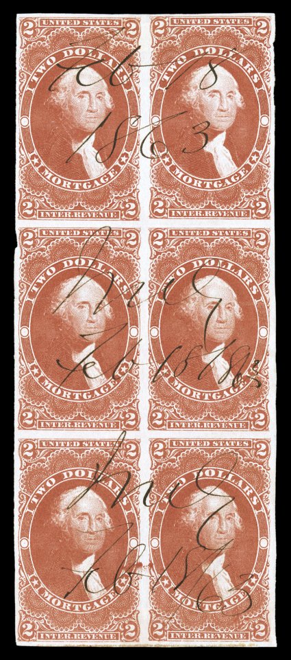 R82a, $2.00 Mortgage, imperforate, block of six (2x3), possessing striking color that is remarkably deep and vibrant, outstanding impression as well, full to large margins all
around, 1863 ms. cancels, two horizontal creases, one between stamps,