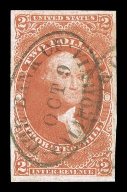 R83a, $2.00 Probate of Will, imperforate, four large margins, deep vibrant color and a highly detailed impression, large oval Bank of California handstamped cancels, tiny thin
in the right margin and a trivial corner crease at top right, extreme