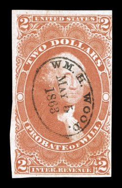 R83a, $2.00 Probate of Will, imperforate, three large margins, fourth at right mostly clears, just barely touching the design at top right, strong rich color in the
characteristic imperforate shade, complete strike of a small oval 1863 handstamp