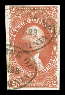 R83a, $2.00 Probate of Will, imperforate, three extra-large margins, quite ample at top, deep intense color and impression, large oval Bank of California handstamped cancels,
minute vertical crease and trivial soiling in the left margin, very fi