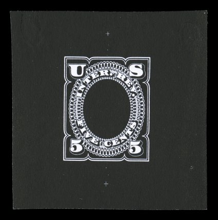Turner Essay 23a, 5c U.S.I.R. die essay in black on white glazed paper, a balanced 58x59mm, a very fine example of this essay, in which the blank central vignette would
eventually incorporate Washingtons head.