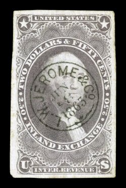 R84a, $2.50 Inland Exchange, imperforate, an especially handsome example of this rare imperforate, exceedingly large margins on all four sides, strong color and impression,
socked-on-the-nose 1865 c.d.s. handstamp of L.W. Jerome & Co., very fain