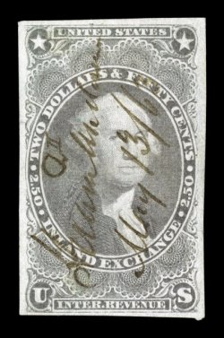 R84a, $2.50 Inland Exchange, imperforate, full to mostly large margins all around, clean impression, 1863 ms. cancel, small closed tear in the left margin, very fine
appearance.