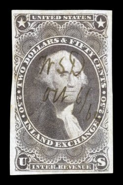 R84a, $2.50 Inland Exchange, imperforate, four mostly large margins, strong rich color and a well incised impression, light 1864 ms. cancel, two very shallow thin spots, very
fine appearance.