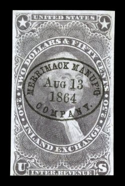 R84a, $2.50 Inland Exchange, imperforate, three large even margins, just into design at bottom, rich fresh color and a sharp impression on clean white paper, beautifully
cancelled by a perfectly struck 1864 oval handstamp of the Merrimack Manufa