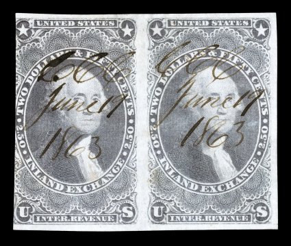 R84a, $2.50 Inland Exchange, imperforate, an incredibly rare horizontal pair, being one of only two recorded multiples and the only off-document multiple known, three large
margins, into the design at left, fresh color, right stamp with just