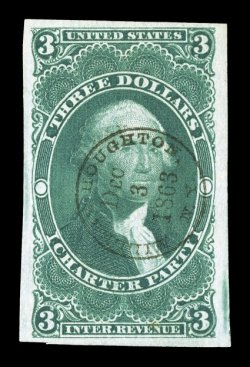 R85a, $3.00 Charter Party, imperforate, lovely used example, possessing extravagantly large margins all around, sumptuously rich color and a deeply etched impression, cancelled
by a light and complete strike of Miller Houghton Dec. 3, 1863 c.d.s