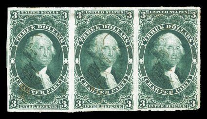 R85a, $3.00 Charter Party, imperforate, seldom seen horizontal strip of three, mostly large margins all around, rich color and a sharp impression, two light vertical creases,
offset on reverse just shows through at top, very fine appearance the