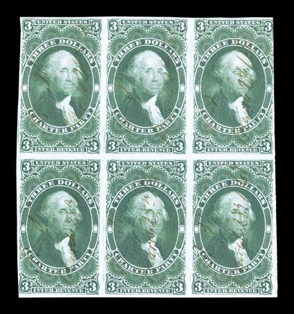 R85a, $3.00 Charter Party, imperforate, attractive block of six (3x2), with large margins to in a bit at top right, rich luxuriant color on fresh white paper, neat 1868 ms.
cancels, the right pair with a faint pressed out vertical crease, howeve