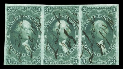 R86a, $3.00 Manifest, imperforate, horizontal strip of three, three large margins, just barely touching the frame line at one point on bottom, strong rich color, 1863 ms.
cancels, left stamp with vertical crease, fine-very fine one of only two