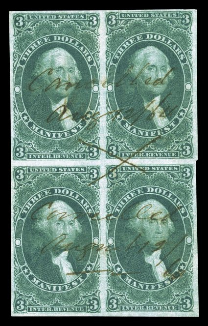 R86a, $3.00 Manifest, imperforate, block of four, exceedingly fresh, full to large margins all around, 1864 ms. cancels, tiny scissor cut between stamps at right, very fine a
most impressive block that is the finer of the two recorded blocks