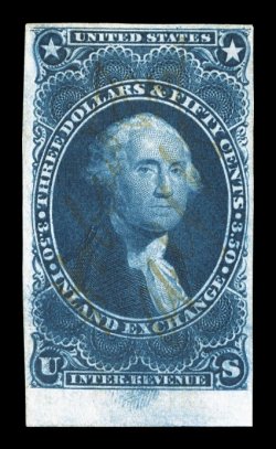 R87a, $3.50 Inland Exchange, imperforate, bottom sheet-margin single, other margins full to large, incredibly deep color and prooflike impression on crisp white paper, light
ms. cancel, tiny shallow thin speck and a trivial small crease, very fi