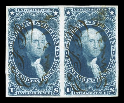 R87a, $3.50 Inland Exchange, imperforate, an immensely rare horizontal pair, featuring large balanced margins all around, deep luxuriant color and a superbly detailed
impression on fresh paper, the left stamp with just the faintest hint of a cre