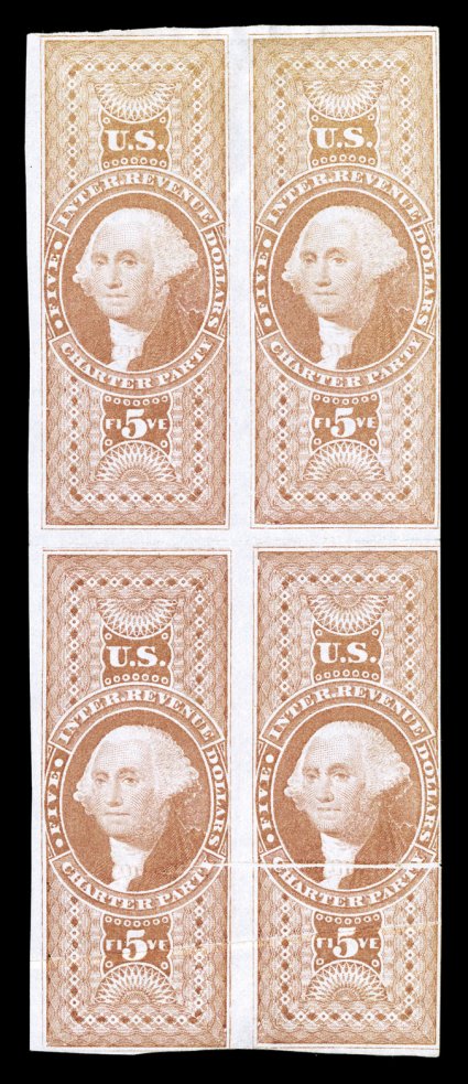 R88a, $5.00 Charter Party, imperforate, unused block of four, with two pre-printing folds in the bottom pair, light horizontal crease between stamps, fine appearance
undervalued in Scott, as this is the only recorded block of any size of the
