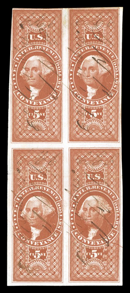 R89a, $5.00 Conveyance, imperforate, block of four, deep radiant color and a vivid impression, large margins to just in at top left, light creases, one of which ends in a small
sealed tear at left, fine-very fine appearance a scarce and seldom