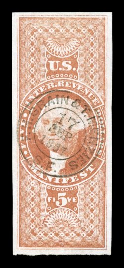R90a, $5.00 Manifest, imperforate, especially desirable used single, exceedingly fresh color, four large margins, outstanding cancel, being a perfectly struck
socked-on-the-nose F. H. Grain & T. Menzies, S.F., 17 Sep. 1867 c.d.s. handstamp, an e
