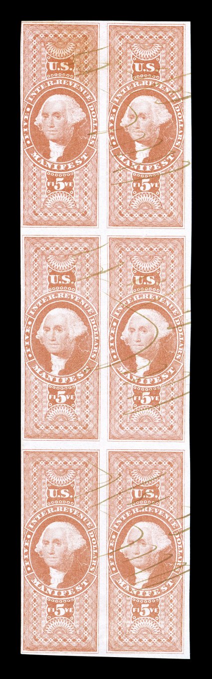 R90a, $5.00 Manifest, imperforate, block of six (2x3), extraordinarily bright and fresh, clear to large margins all around, very fine not only is this the largest known
multiple and the only block of six recorded of this revenue, it is also o