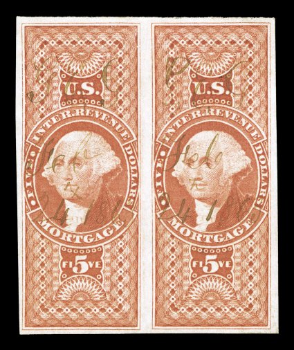 R91a, $5.00 Mortgage, imperforate, horizontal pair, large margins all around, deep vibrant color, 1863 ms. cancels, faintest trace of a vertical crease between stamps, very
fine.