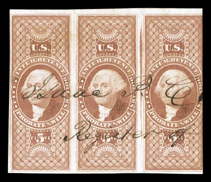 R92a, $5.00 Probate of Will, imperforate, horizontal strip of three, strong rich color, in at right, otherwise full to large margins, fine-very fine a very scarce
multiple.