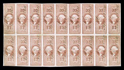 R92a, $5.00 Probate of Will, imperforate, a remarkable block of eighteen (9x2), being the second largest known multiple, full to mostly large margins around, rich color, 1864
ms. cancels, neatly pressed out creases resulting in a couple sealed t
