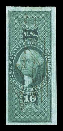 R93a, $10.00 Charter Party, imperforate, an extraordinarily choice quality used right sheet-margin single, possessing large to huge margins all around, gorgeous rich color and
a strong impression, neat 1867 San Francisco ms. cancel, extremely fi