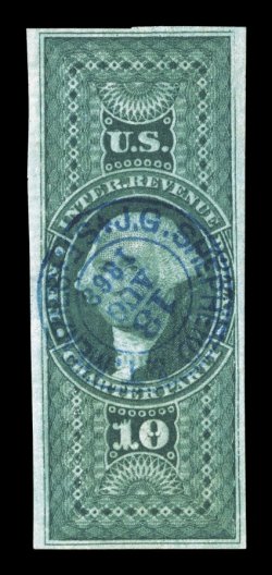 R93a, $10.00 Charter Party, imperforate, four full to large margins, particularly intense color and impression, beautifully cancelled by a complete socked-on-the-nose blue 1863
double-ring San Francisco handstamp, very fine.