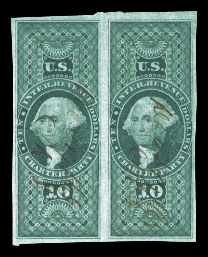 R93a, $10.00 Charter Party, imperforate, horizontal pair, full to large margins all around, rich luxuriant color and a crisp impression, light ms. cancels, minor vertical
crease between stamps, otherwise very fine only six multiples of this r
