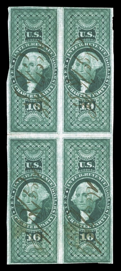 R93a, $10.00 Charter Party, imperforate, block of four, deep rich color and a sharp impression, 1868 ms. cancels, horizontal crease between stamps that has been reinforced at
left, also a light vertical crease and top left stamp with small pinho