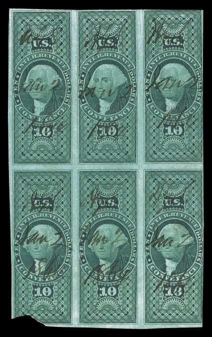 R94a, $10.00 Conveyance, imperforate, block of six (3x2), rich color, 1864 ms. cancels, piece out of bottom left stamp, tears on right stamps, a presentable example of a rare
block, with only one larger multiple recorded (the following lot).