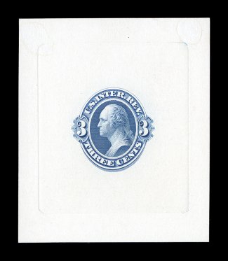 Turner Essay 31b, 3c Washington Essay in blue on heavy white glazed card, 64x75mm with die sinkage, exceptionally bright and fresh, small thin spot at top right, otherwise very
fine.