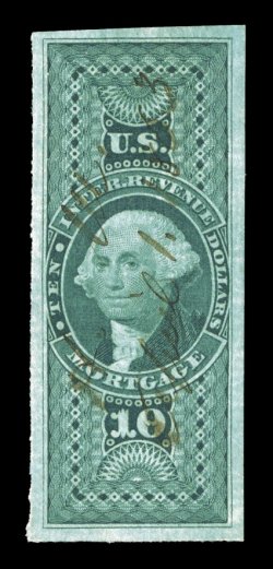 R95a, $10.00 Mortgage, imperforate, lovely used single, uncommonly large margins all around, especially rich color and a crisp impression, 1863 ms. cancel, extremely fine
actually a scarce stamp in this impressive quality.