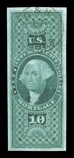 R95a, $10.00 Mortgage, imperforate, four large margins, rich bright color, light C & H 1863 handstamped cancel, faint trace of a thin spot, otherwise extremely
fine.