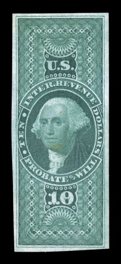 R96a, $10.00 Probate of Will, imperforate, a rare unused single, large margins all around, lovely rich color and a crisp detailed impression, horizontal crease breaks the paper
in one place, small picked-out inclusion at bottom, very fine appear