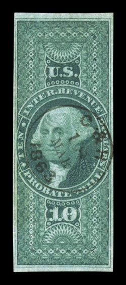 R96a, $10.00 Probate of Will, imperforate, four clear to large margins, strong rich color, light centrally struck 1863 c.d.s. handstamp of C & H, a very fine example of this
scarce revenue stamp.