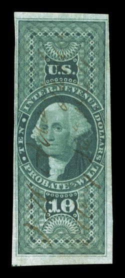 R96a, $10.00 Probate of Will, imperforate, four margins ranging from clear at left to an exceptionally large bottom margin that captures a tiny portion of the imprint, strong
color, light ms. cancel, faint horizontal crease, very fine appearance