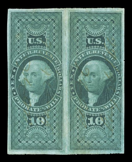 R96a, $10.00 Probate of Will, imperforate, horizontal pair, large margins all around, deep rich color, light 1866 ms. cancel, vertical crease between the stamps caused the
paper to split, it has been expertly reinforced, light horizontal crease,