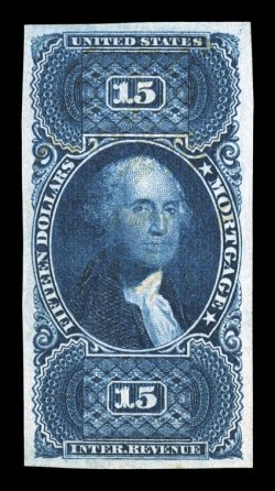 R97a, $15.00 Mortgage, imperforate, an extraordinarily choice example of this very scarce stamp, possessing four large margins, deep luxuriant color and a superbly detailed
impression on fresh paper, light ms. cancel, extremely fine actually a