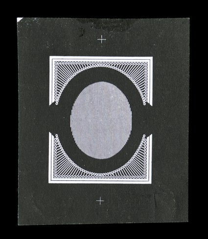 Turner Essay 32-Aa, Frame essay with central oval of vertical lines, in black on white wove paper, 42x49mm, very fine a scarce and seldom offered essay.