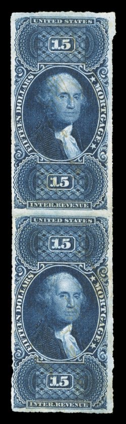 R97a, $15.00 Mortgage, imperforate, a rare vertical pair, clear to large margins, deep rich color, light ms. cancels, reinforced horizontal crease between stamps and a light
stain at right of bottom stamp, fine-very fine appearance.