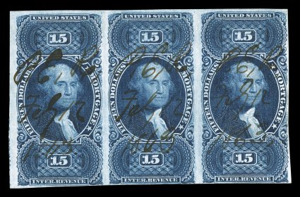 R97a, $15.00 Mortgage, imperforate, horizontal strip of three, deep color and an especially intense impression on fresh paper, margins just in at bottom to very large at left,
1863 ms. cancels, light vertical creases between stamps, one just bar