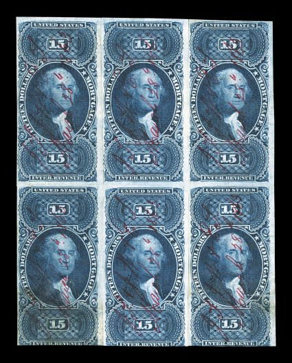 R97a, $15.00 Mortgage, imperforate, block of six (3x2), margins range from large to in the design at bottom, deep rich color and a sharp impression, red 1863 ms. cancels,
several creases as expected, some of which break the paper and have be