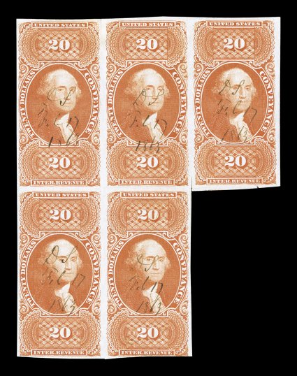 R98a, $20.00 Conveyance, imperforate, irregular block of five, bright fresh color, mostly full to large margins, just in at bottom, small faults including a scissor cut between
top right two stamps, very fine appearance.