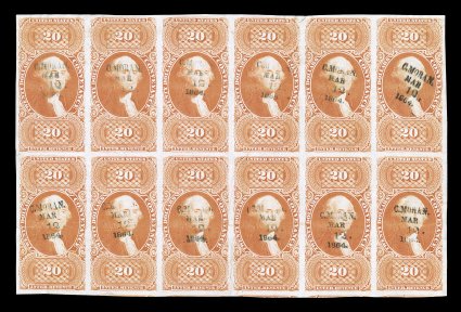 R98a, $20.00 Conveyance, imperforate, block of twelve (6x2), brilliant color, large margins all around, C. Moran Mar 12, 1864 handstamped cancels, horizontal creases and one
vertical crease, sealed tear on fourth stamp at top, very fine appearan