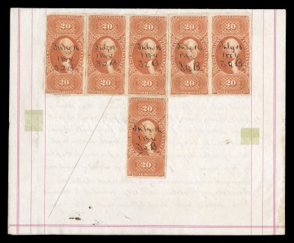 R98a, $20.00 Conveyance, imperforate, two horizontal pairs and two singles used on 1864 land conveyance document from Pennsylvania, stamps with full margins and bright color,
1864 ms. cancels, horizontal file fold affects one stamp, very fine c