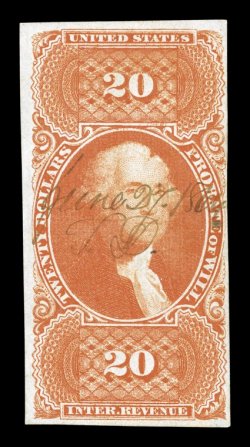 R99a, $20.00 Probate of Will, imperforate, clear to mostly large margins, lovely bright color, small 1864 ms. cancel, a very fine example of this scarce imperforate revenue
stamp.