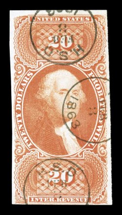 R99a, $20.00 Probate of Will, imperforate, clear to large margins all around, brilliantly fresh color, neat 1863 c.d.s. handstamps, minor corner crease at top right, otherwise
very fine.