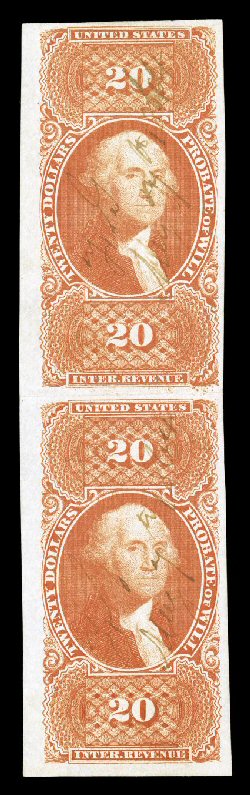 R99a, $20.00 Probate of Will, imperforate, rare vertical pair, large to huge margins all around including an impressive sheet margin at left, wonderfully bright color, 1864 ms.
cancels, horizontal crease between stamps that just breaks the paper